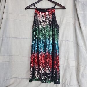 Vibrant Multicolor Sequin Pink Silver Green Blue Mini Dress Straps‎ SZ:M